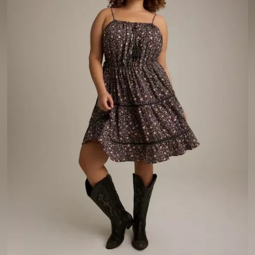 Torrid Halter Festi Tassel Dress Courtney Ditsy Floral Vintage Black Gray 3X Nwt